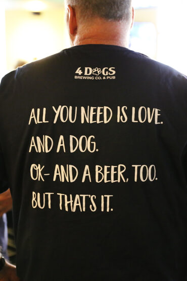 About Us - Back Of Restaurant Tee Shirt - All You Need is Love Dog and Beer